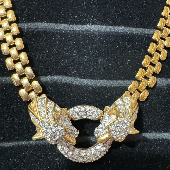 SOLD! Gold Tone Twin Panther Head 18” Necklace 18” - Picture 2 of 6